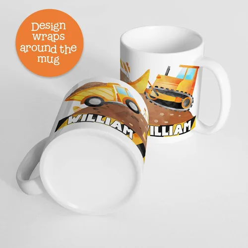 Vista 3 de Taza personalizada de los niños del camión de la construcción con el nombre, polímero ligero