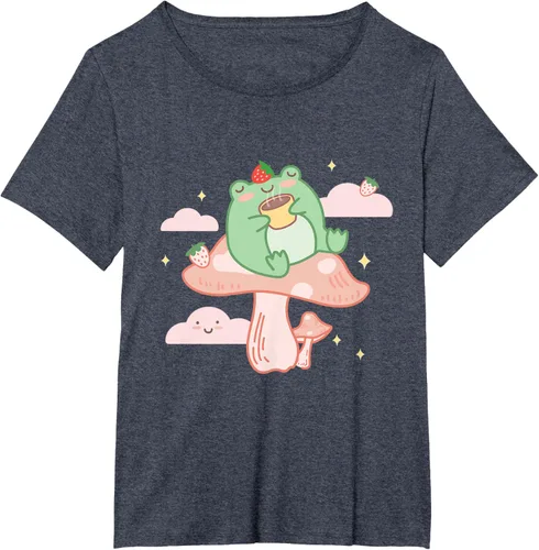 Vista 72 de Kawaii Strawberry Frog On Mushroom - Camiseta de manga corta de anime, Azul / Patchwork, S Azul Pastel