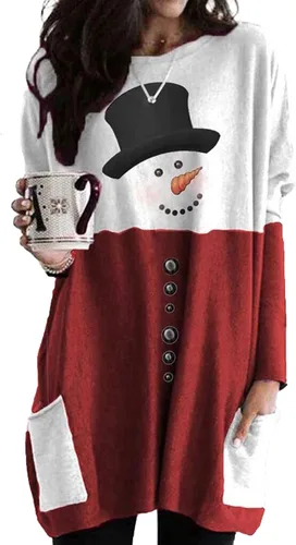 Vista 2 de Conjunto de túnica de Navidad de manga larga para mujer, blusa con letras, blusa casual con bolsillo