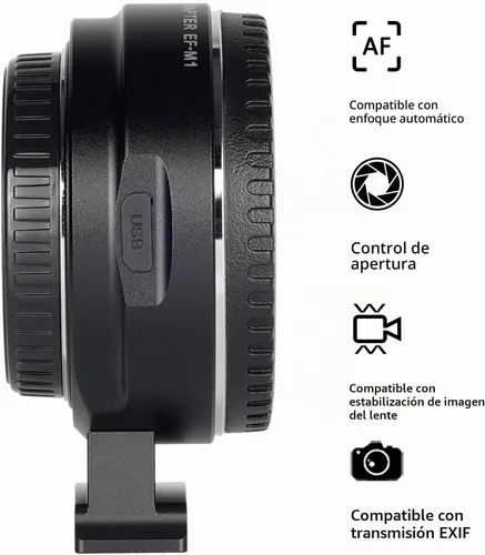 Vista 5 de Adaptador de lentes de enfoque automático EF-M1 de metal compatible con lentes Canon EF para cámaras Iumix/oIympus/bmpcc Micro Cuatro Tercios (M4/3)