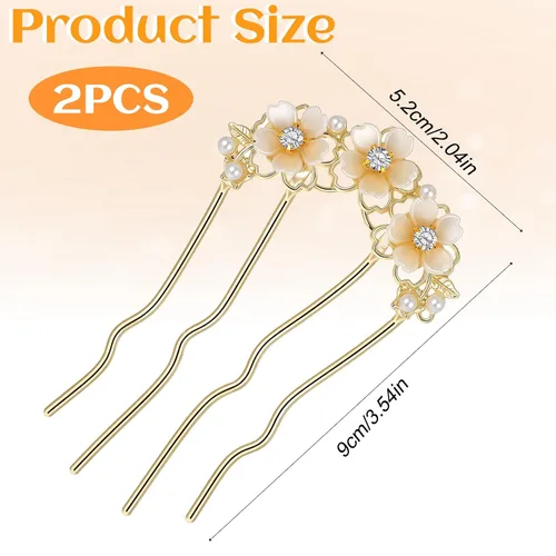 Vista 5 de 2 pinzas para el pelo de flores de perlas para mujer, horquilla francesa en forma de U, moño de metal dorado, clips para el pelo de flores