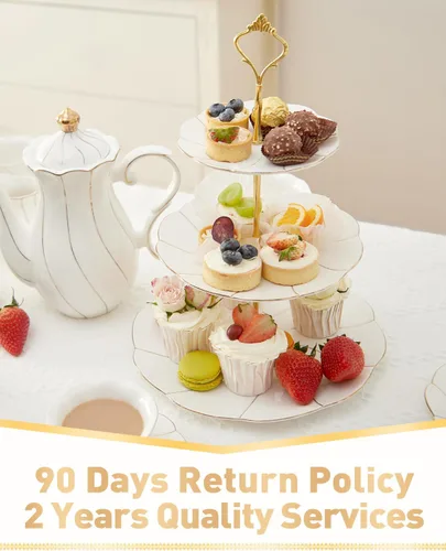 Vista 6 de DUJUST Lujo Soporte para Magdalenas de Porcelana de 3 Niveles en Forma de Torre, Bandeja de Servir de Estilo Británico con Borde Dorado, Soporte