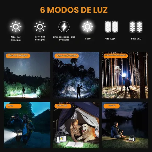 Vista 3 de Linterna Solar de Mano, 1000 Lúmenes Linternas de Mano con Carga Solar o USB, Linternas Portátiles Impermeables Alimentadas por Energía Solar con 6