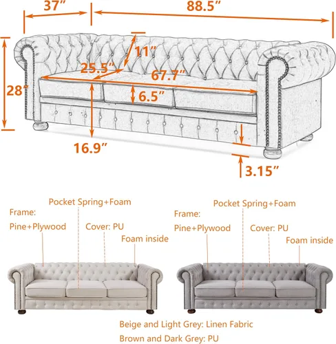 Vista 3 de Lestar Sofá Chesterfield de 3 plazas de 88 pulgadas con decoración de uñas en tela de lino, cómodos sofás para sala de estar (beige)