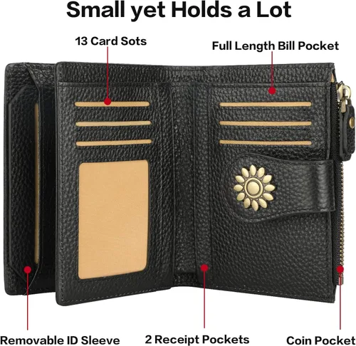 Vista 4 de Lavemi Cartera de piel para mujer, pequeña, compacta, con bloqueo RFID, para tarjetas de crédito, con bolsillo con cremallera