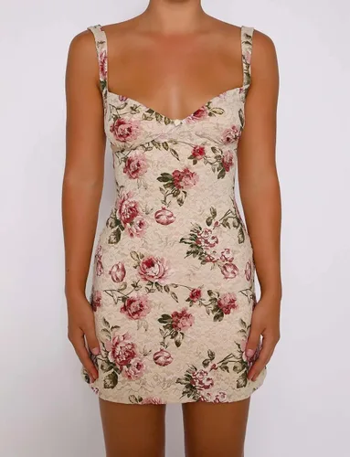 Vista 2 de Vestido corto entallado floral para mujer, con tirantes delgados, ajustado, para fiesta, Y2K, Egirl Streetwear