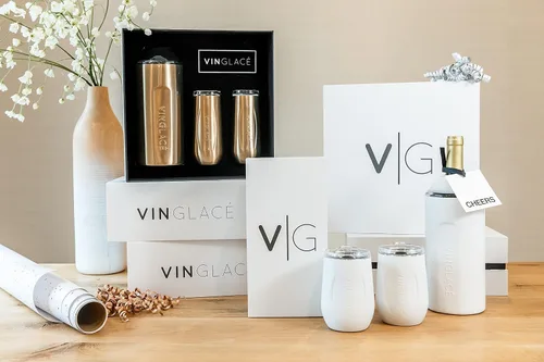 Vista 2 de Vinglacé Enfriador de botellas de champán, enfriador de vino espumoso portátil de acero inoxidable con 2 copas de champán sin tallo, cobre