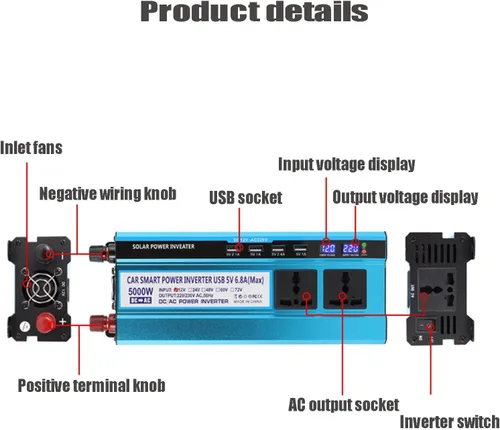 Vista 3 de Inversor de alta potencia de 5000 W DC 12V/24V/48V/60V a 220V/110V Convertidor de inversor 3 AC enchufes universales 4 USB con pantalla LED, 12 V