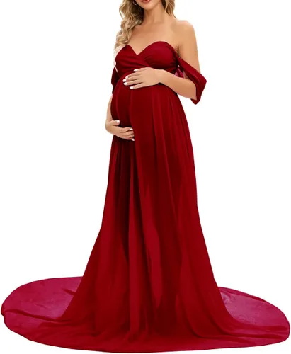 Vista 2 de ZIUMUDY Vestido largo de gasa de maternidad para sesión de fotos, fotografía con hombros descubiertos, vestido de gasa transparente envuelto