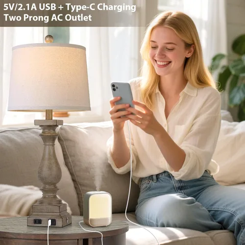 Vista 3 de Lámpara de Mesa de Granja de 28 Pulgadas de Alto con Puertos USB C+A y Salida de CA, Control Táctil de 3 Vías, Lámpara de Noche Rústica