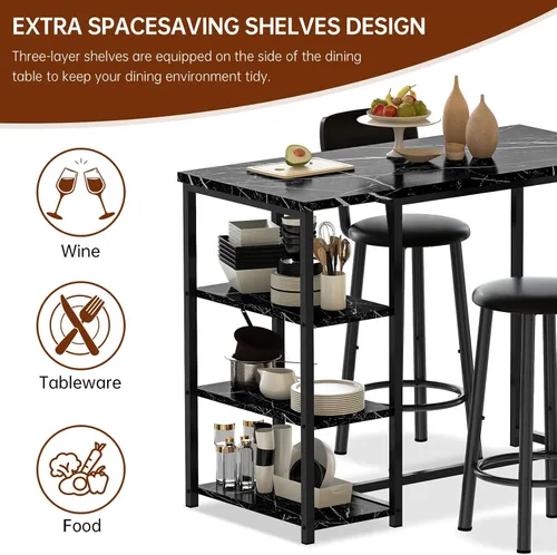 Vista 5 de DKLGG Juego de mesa de comedor para 2, mesa de pub de altura de mostrador con 2 taburetes de bar de PU de respaldo ancho y 3 estantes de Negro