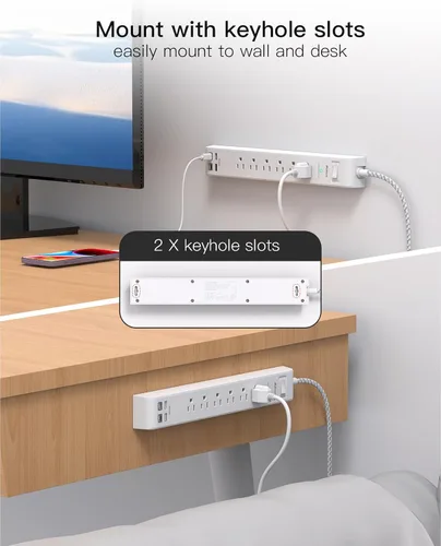 Vista 5 de Paquete de 2 regletas protectoras contra sobretensiones, 6 tomas, 4 puertos USB (2 USB C) cables de extensión de 5 pies de largo, tira de salida