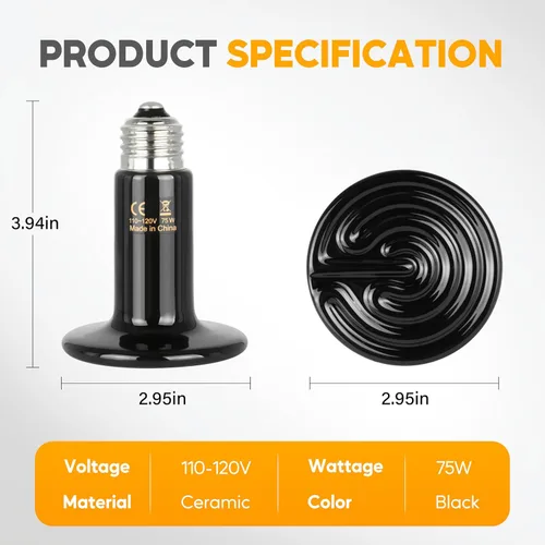 Vista 2 de HealSmart - Lámpara de calor para reptiles de 75 W, emisor de calor cerámico, sin emisión de luz, bombillas de calor adecuadas