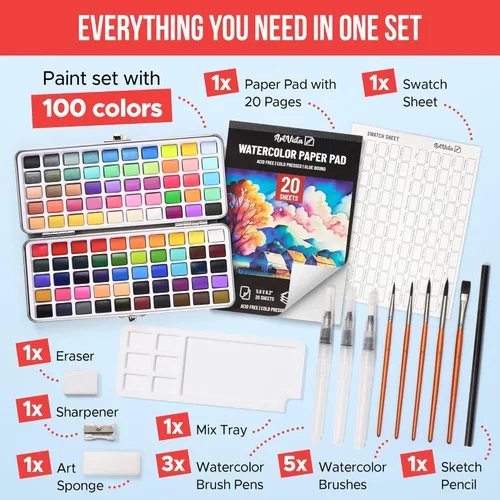 Vista 2 de Juego de pintura de acuarela premium con 100 colores brillantes y bloc de papel para principiantes y profesionales - Kit de pintura y suministros