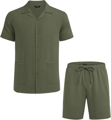 Vista 4 de COOFANDY Conjunto de camisa de 2 piezas para hombre, ajuste regular, manga corta, con botones, informal, para playa, pantalones cortos