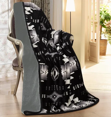 Vista 6 de Southwest Design 16112 - Manta con forro de sherpa (estampado navajo), color negro y gris