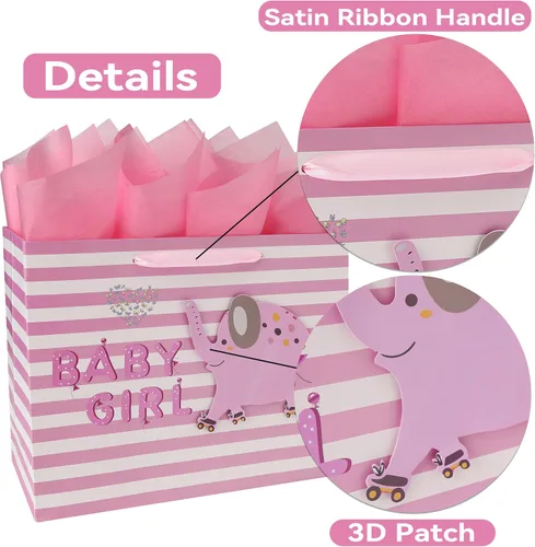 Vista 4 de wishinside Juego de bolsa de regalo rosa grande de 13 pulgadas con tarjeta de felicitación y papel de seda (elefante 3D) para bebé, baby shower
