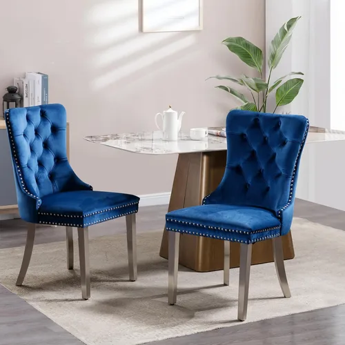Vista 71 de Juego de 2 sillas de comedor tapizadas de tela de lino, sillas de cocina modernas de mediados de siglo con respaldo alto, ribete de cabeza de clavo