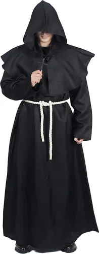 Vista 2 de Qerhod Disfraz de Halloween para cosplay, medieval con capucha, bata de monje para hombre, incluye collar