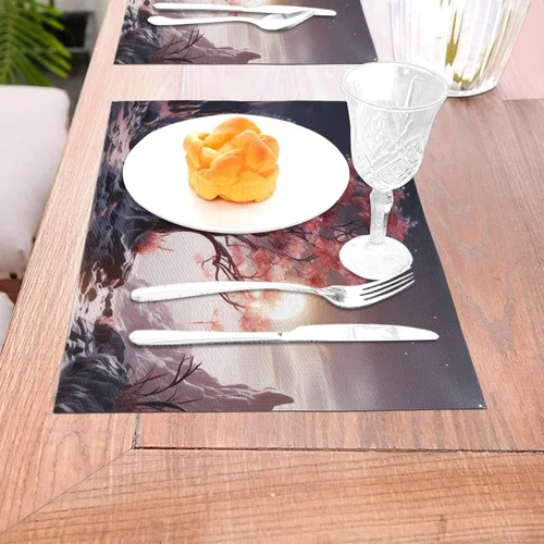 Vista 3 de 6 PCS PVC Placemats Set Place Mats Big Tree Growing on Pile of Stones Non-Slip Weave Place Mats 12" x 18" Farmhouse Table Mat Set for Family Dinners