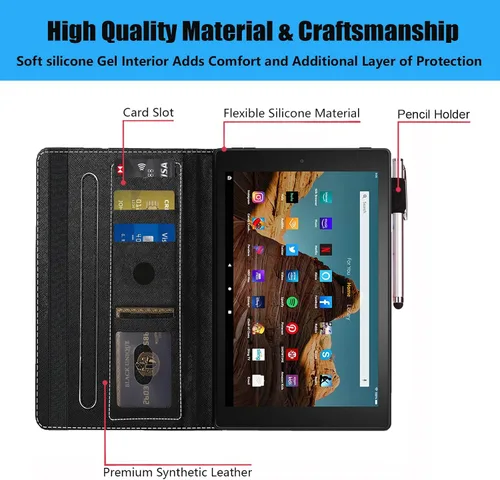 Vista 6 de Funda para tablet Amazon Kindle Fire HD 10 de 10.1" (9ª/7ª generación, versión 2019/2017) – Funda de piel sintética con función de encendido
