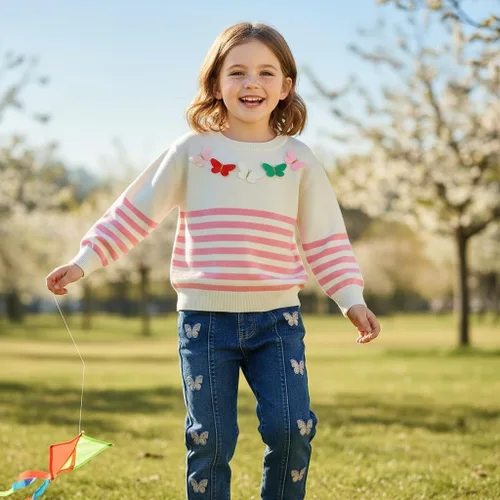 Vista 5 de Peacolate Primavera Otoño 2-10 años Little & Big Girl Suéter y Jeans Bordados 2pcs Conjunto de Ropa