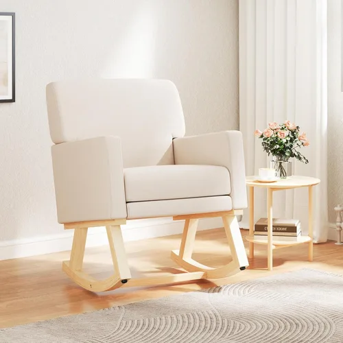Vista 6 de S AFSTAR Mecedora, silla tapizada de tela con marco de madera resistente y asiento acolchado, sillón moderno para sala de estar (beige)