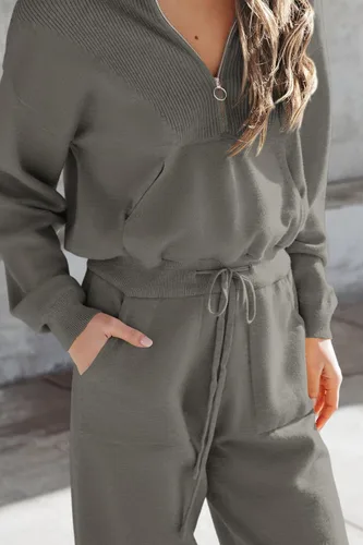 Vista 90 de PRETTYGARDEN Conjunto de suéter de 2 piezas para mujer, sudadera con cremallera, pantalones deportivos, ropa casual
