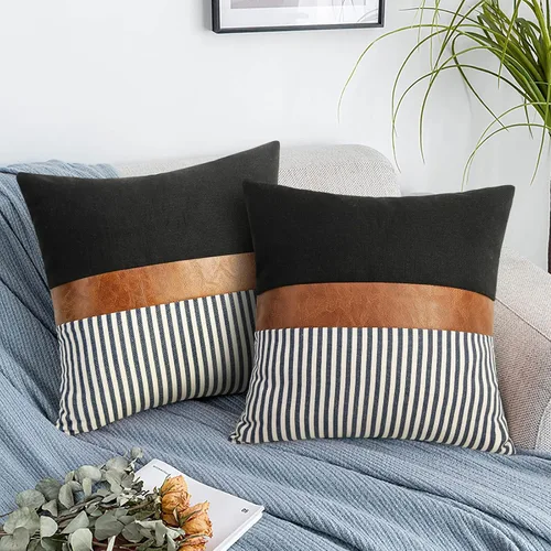 Vista 8 de Cygnus - Juego de 2 fundas de almohada de 16 x 16 pulgadas hechas de lino y de la unión de distintas telas con diseño de rayas para decoración Negro