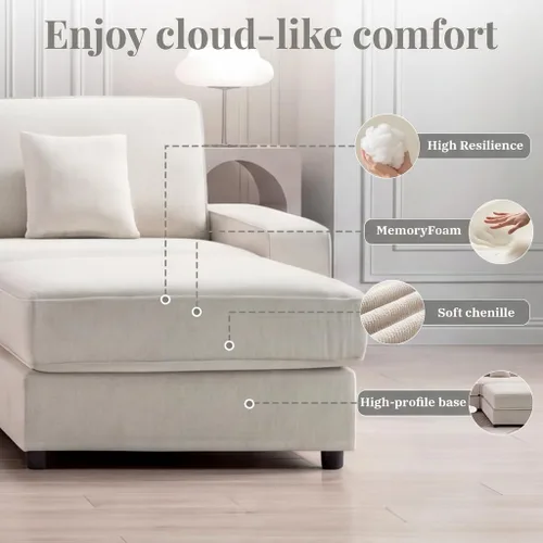 Vista 6 de Opoair - Sofá modular de gran tamaño de 114 pulgadas, sofá en forma de L con otomana móvil, cómodos sofás de nube de 4 asientos con asiento Beige