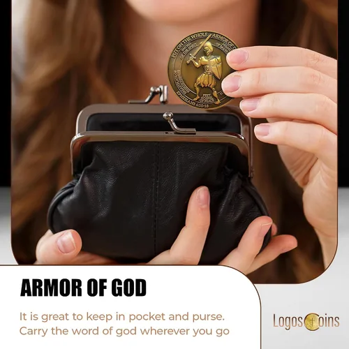 Vista 7 de 1 moneda de desafío de armadura de Dios, versículo bíblico de Efesios 6:10, moneda de desafío cristiano chapada en oro antiguo de 1.75 pulgadas