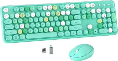 Vista 16 de MPTOG Combo de teclado y mouse inalámbrico de computadora colorido con teclas redondas estilo máquina de escribir, diseño retro, interruptor