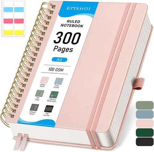 Vista 13 de EMSHOI Cuaderno con espiral de la universidad rayado, 300 páginas numeradas, A4 tapa dura grande de cuero, cuaderno rayado grueso de 100 g/m²