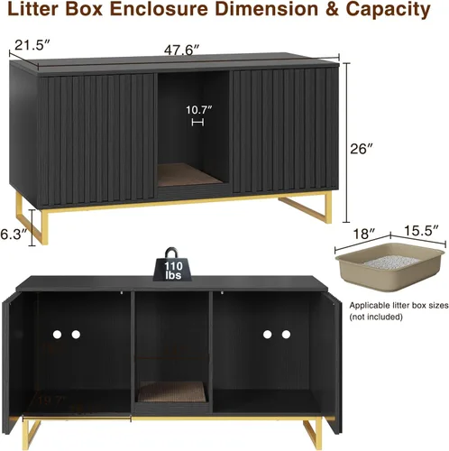 Vista 4 de Caja de arena para gatos para 2 gatos, caja de arena de 47.6 pulgadas, muebles ocultos con almohadilla para rascar, armario grande para habitación