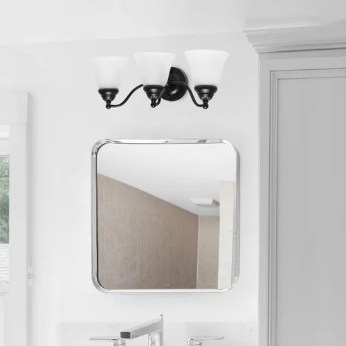 Vista 6 de Simple Designs VT1023-BLK 19.25 pulgadas clásicas 3 luces de metal y mármol esmerilado blanco con forma de campana de vidrio con forma de campana