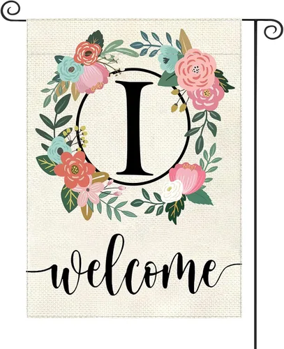 Vista 15 de Bandera de jardín con letra monograma, floral, 12 x 18 pulgadas, doble cara para exterior, pequeña de arpillera, familia, apellido, bandera inicial