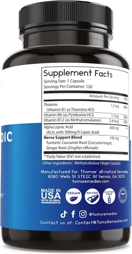 Vista 4 de Toms Remedies Suplemento de ácido alfa lipoico 600 mg de apoyo nervioso Cápsulas veganas con vitaminas B y una mezcla de apoyo nervioso, sin