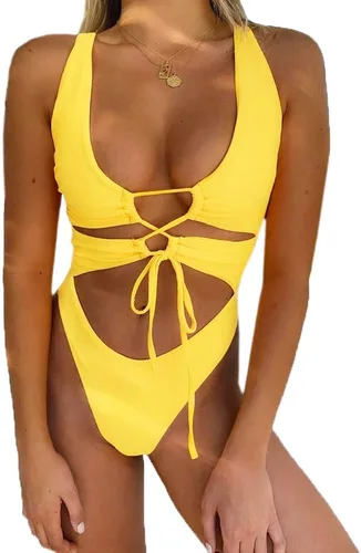 Vista 11 de Traje de baño sexy de una pieza con recortes, encaje, espalda descubierta y corte alto monokini para mujer Azul bebé