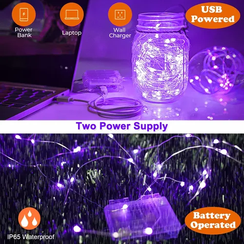 Vista 2 de Paquete de 2 luces negras UV, funciona con pilas, 16.4 pies 2835 luces LED UV, 8 modos, luces negras flexibles, luces de hadas con control remoto