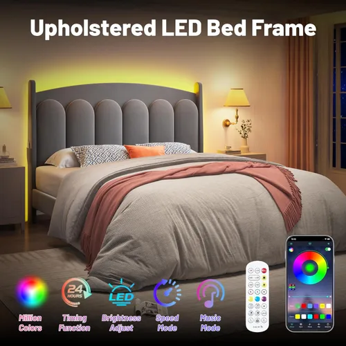 Vista 13 de CypBed Base de cama de tamaño matrimonial con luces LED de cabecero, cama matrimonial tapizada de terciopelo, cama matrimonial con plataforma Gris