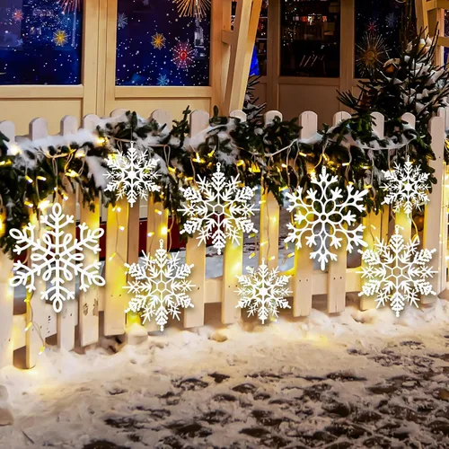 Vista 4 de 24 piezas de copos de nieve colgantes de Navidad grandes para exteriores, copos de nieve grandes blancos en diferentes tamaños para decoración