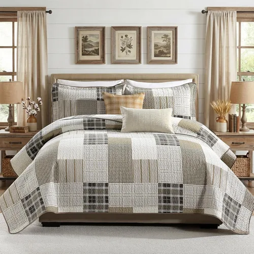 Vista 12 de KALOOLA Colchas de estilo granja tamaño Queen, 100% algodón, colcha acolchada ligera con 2 fundas de almohada, juego de ropa de cama estampada
