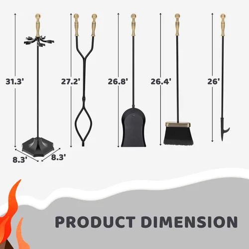 Vista 5 de Juego de 5 herramientas para chimenea de 31 pulgadas, herramientas de hierro forjado con mango ergonómico, juego de accesorios para chimenea incluye