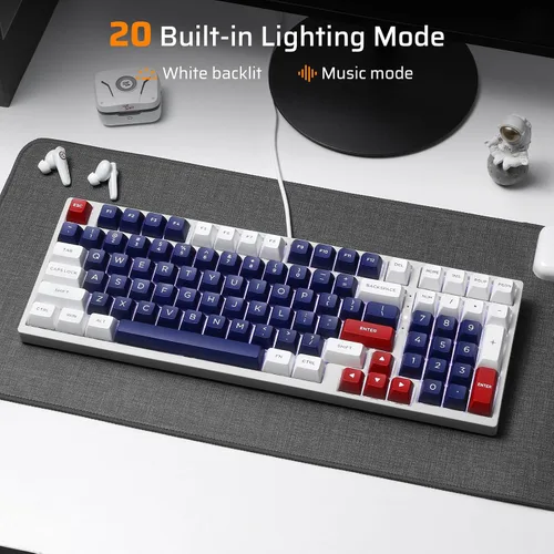 Vista 7 de LTC NB981 Nimbleback - Teclado mecánico con cable de 98 teclas, 96% teclado para juegos con retroiluminación blanca, interruptor rojo, azul Mecha