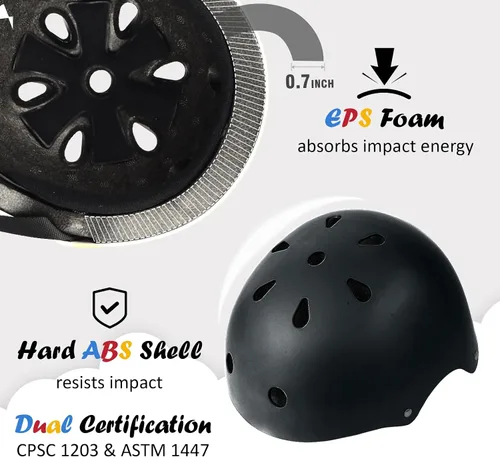 Vista 2 de Casco de bicicleta para niños, ajustable y para múltiples deportes, desde niños pequeños hasta jóvenes, 3 tallas Negro