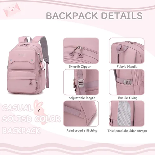 Vista 5 de Mochila casual para niños, color sólido, bolsa de escuela primaria y secundaria, bolsa de viaje para adolescentes, Negro -, Mochila de color sólido