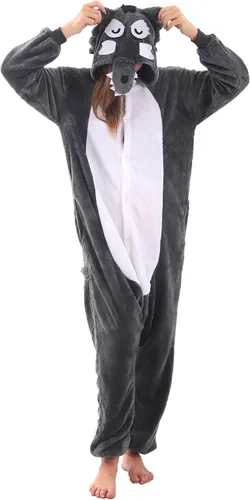 Vista 5 de Pijama de una pieza para adultos, disfraz de dibujos animados de animales para mujeres y hombres, cosplay, Halloween, lobo