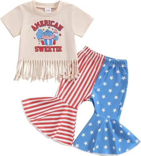 Vista 4 de YINGISFITM Conjunto de 2 piezas de camiseta de manga corta con estampado de conejito para bebé niña, pantalones acampanados, ropa de verano Camisa