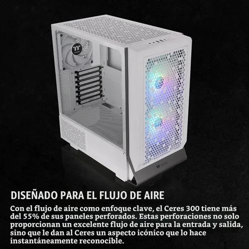 Vista 3 de Thermaltake Ceres 300 Snow Edition - Carcasa para computadora E-ATX de torre media con panel lateral de vidrio templado; 2 ventiladores CT140 ARGB