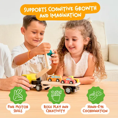 Vista 6 de Nene Toys Cargador magnético para automóvil con 4 autos y 1 camión de madera semirremolque para niños de 2 años en adelante, juguete interactivo